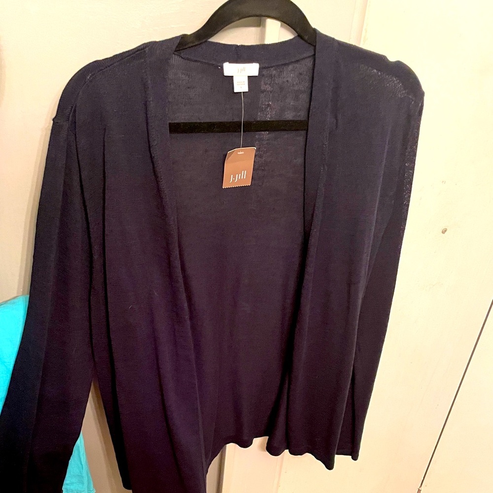 Light and airy, new with tags, J. Jill open cardigan in navy, size large.